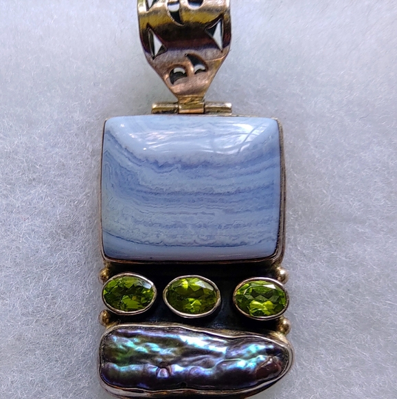 LARGE 925 SILVER MULTI GEM PENDANT, AGATE ABOLENE SHELL, PERIDOT GARNET, HINGED - Picture 10 of 10